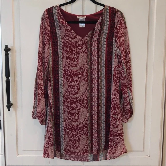 Boho Paisley Red Tunic Short  Dress Medium - Picture 2 of 6